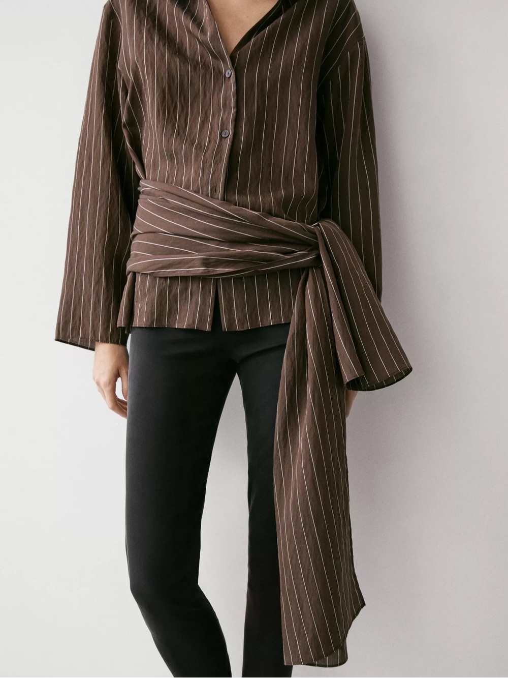 Massimo Dutti Brown Pinstripe Wrap-Accent Shirt with Black Pants